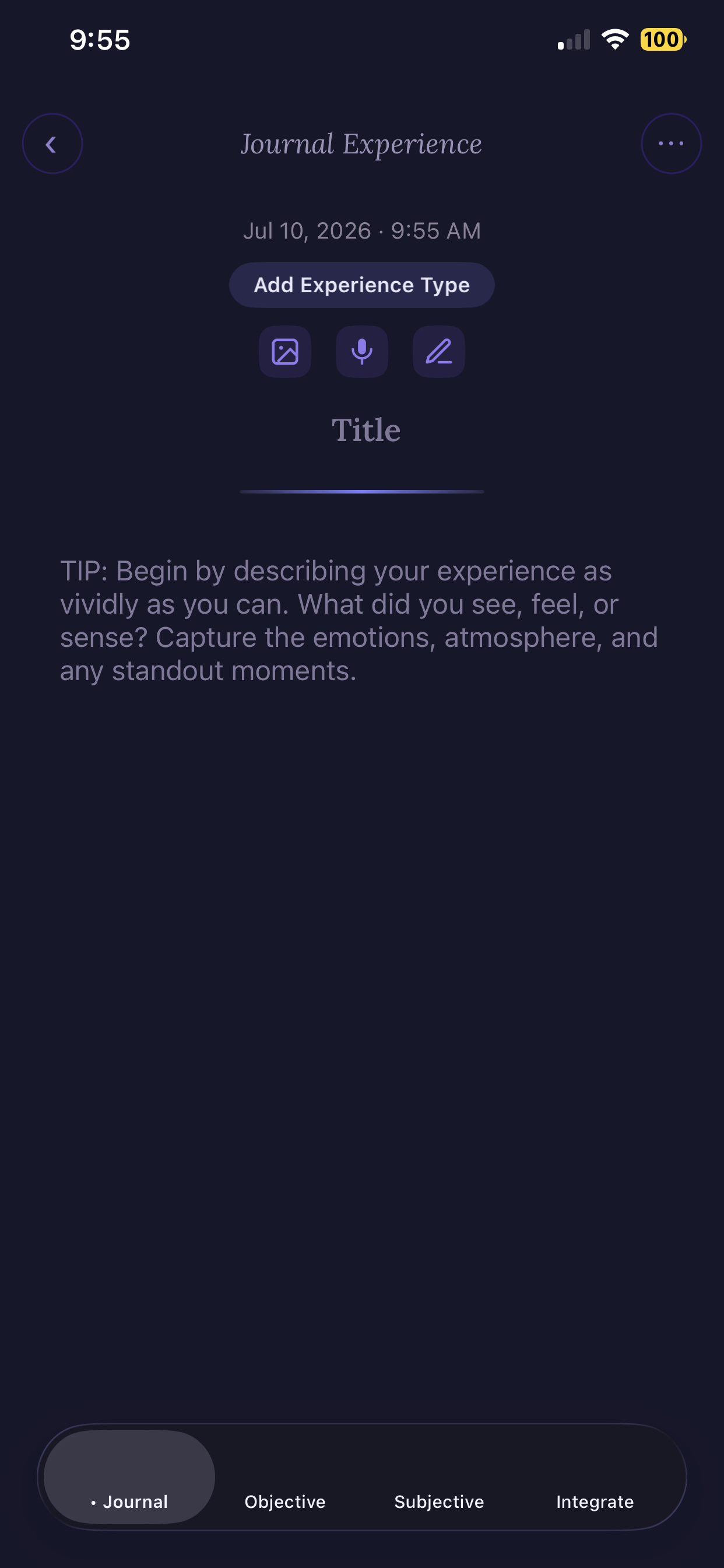 DreamWave Journal, starting a journal entry